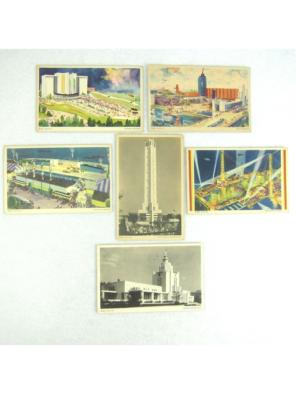 1933 Chicago Worlds Fair 6 Postcards Lagoon Night Chrysler Hall Science Havoline